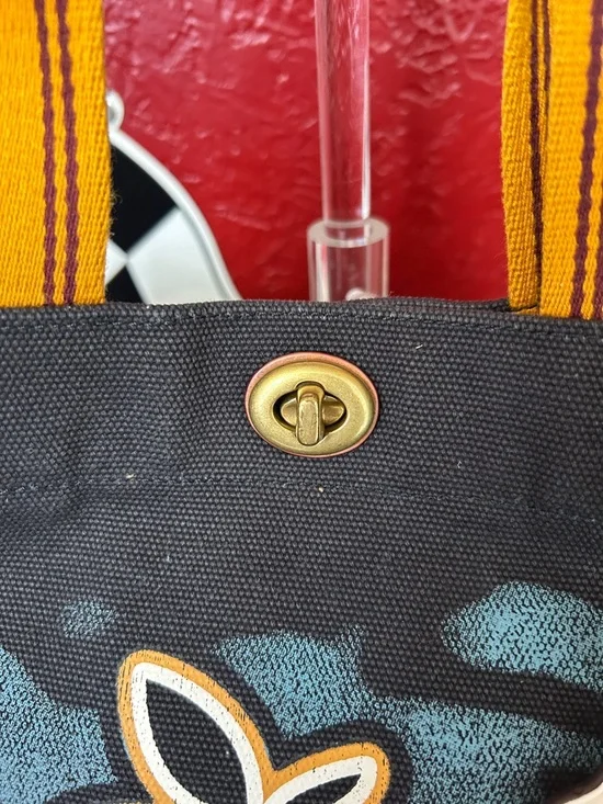 Coach Black Canvas Apple Camp Tote with Yellow Handles and Blue Trim - Picture 2 of 13